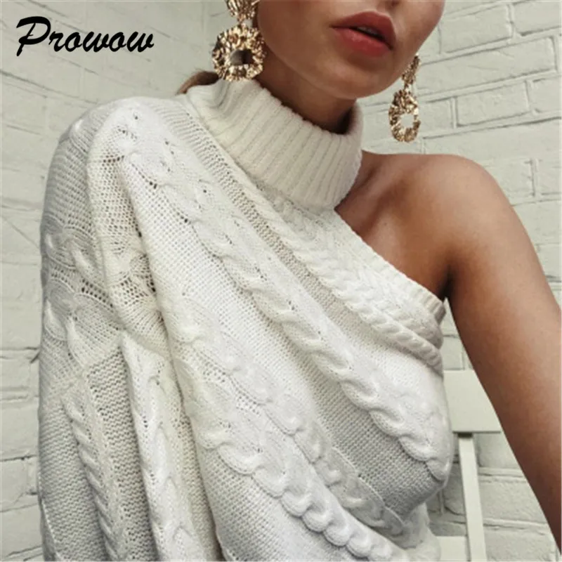 Women Knitted Sweaters One Shoulder Turtleneck pullover Tops Women Jumper Sweaters Ladies  knitwear Tops Women Sweaters