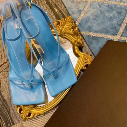 blue Шлепанцы для подиума из натуральной кожи; летние сандалии; женские босоножки на высоком тонком каблуке с одним ремешком и квадратным носком; zapatos de mujer; - Цвет: blue