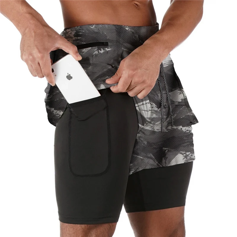 

Men's 2 in 1 Running Shorts Camouflage Leisure Shorts Quick Drying Sport Shorts Built-in Pockets Zipper Pockets