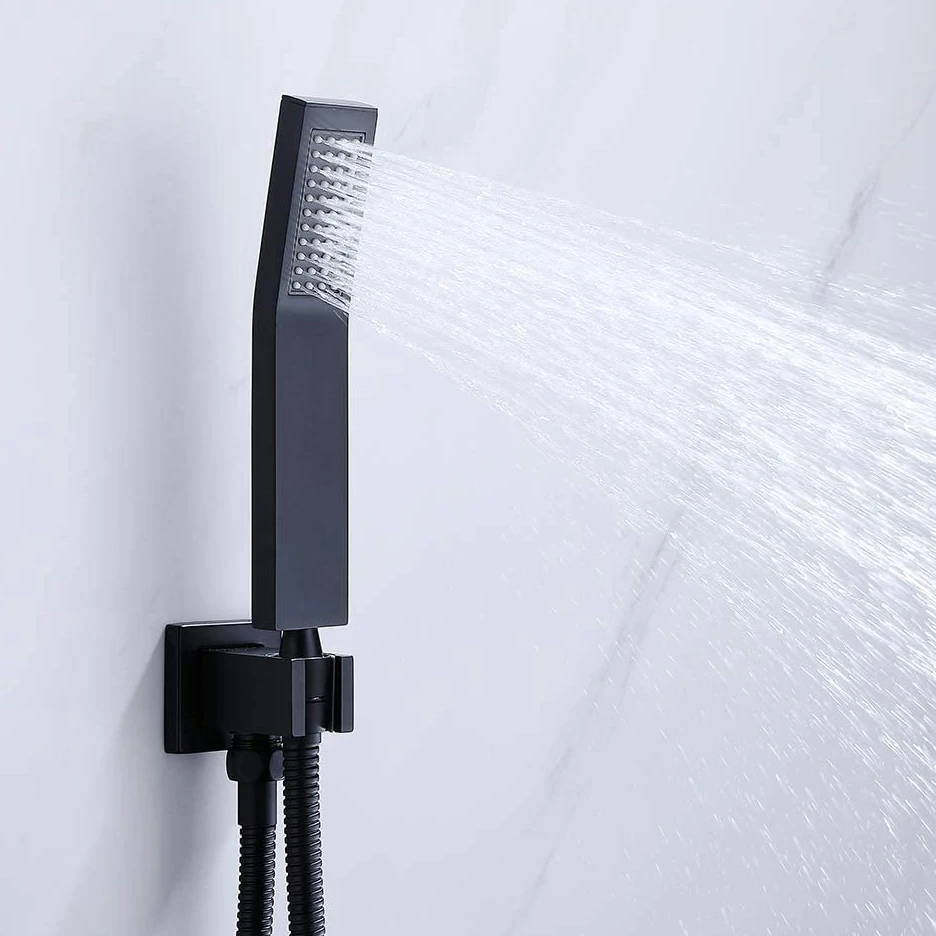 BAKALA All Brass Square Chrome Or Black Hand Held Shower Head With Brass Wall Connector Holder And 1.5m Stainless Steel Hose Shower Head Shower Set