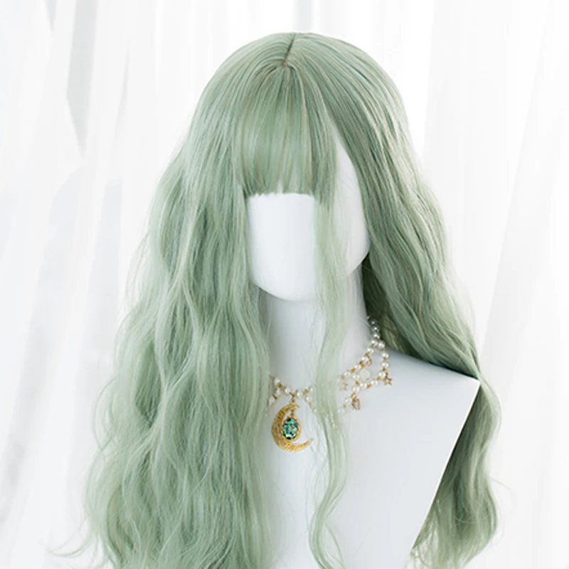 

Harajuku Style Daily Lolita Cosplay Wigs High-temperature Fiber Synthetic Hair Green Long Straight/Curly Hair+free wig net