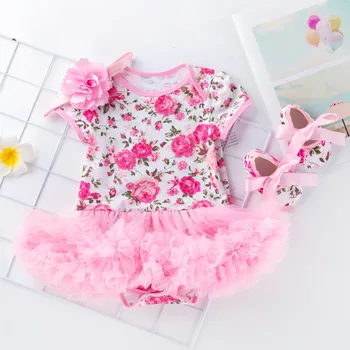 

New Rose Fashion Dress Baby Birthday Party Dress Newborn Baptism Dress Toddler Baby Siamese Dress + Head Flower + Shoes