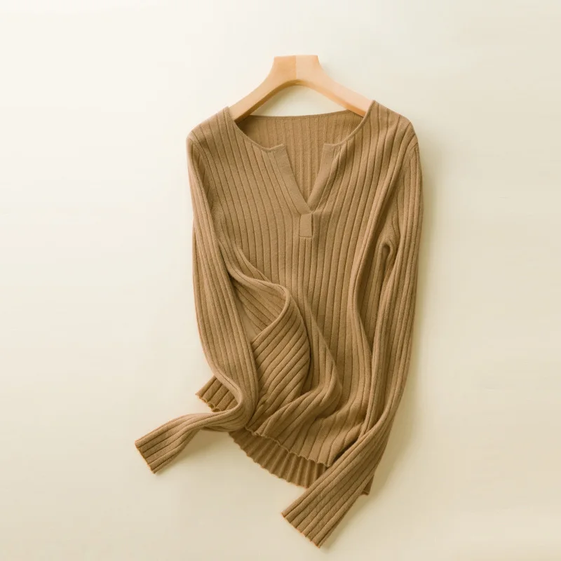 Knitted 100% Wool Henley Sweater Women Ribbed Tops