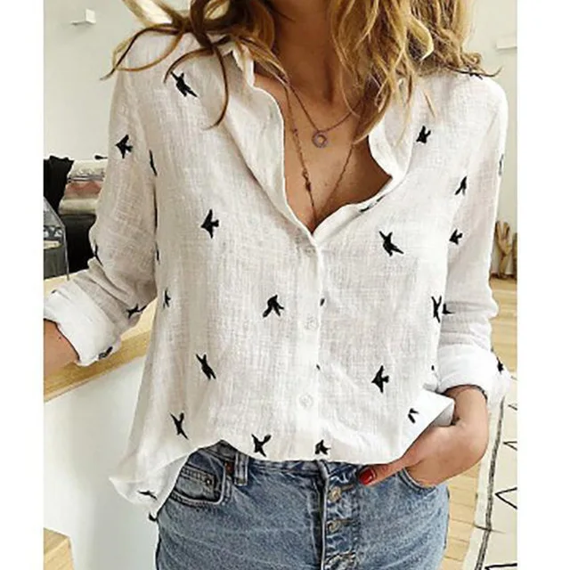 Leisure White Yellow Shirts Button Lapel Cardigan Top Lady Loose Long Sleeve Oversized Shirt Womens Blouses Autumn Blusas Mujer bird wt