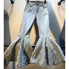Европейские расклешенные женские джинсы светло-голубые джинсовые брюки длиной до щиколотки с бусинами модные эластичные уличные брюки стрейч осень
