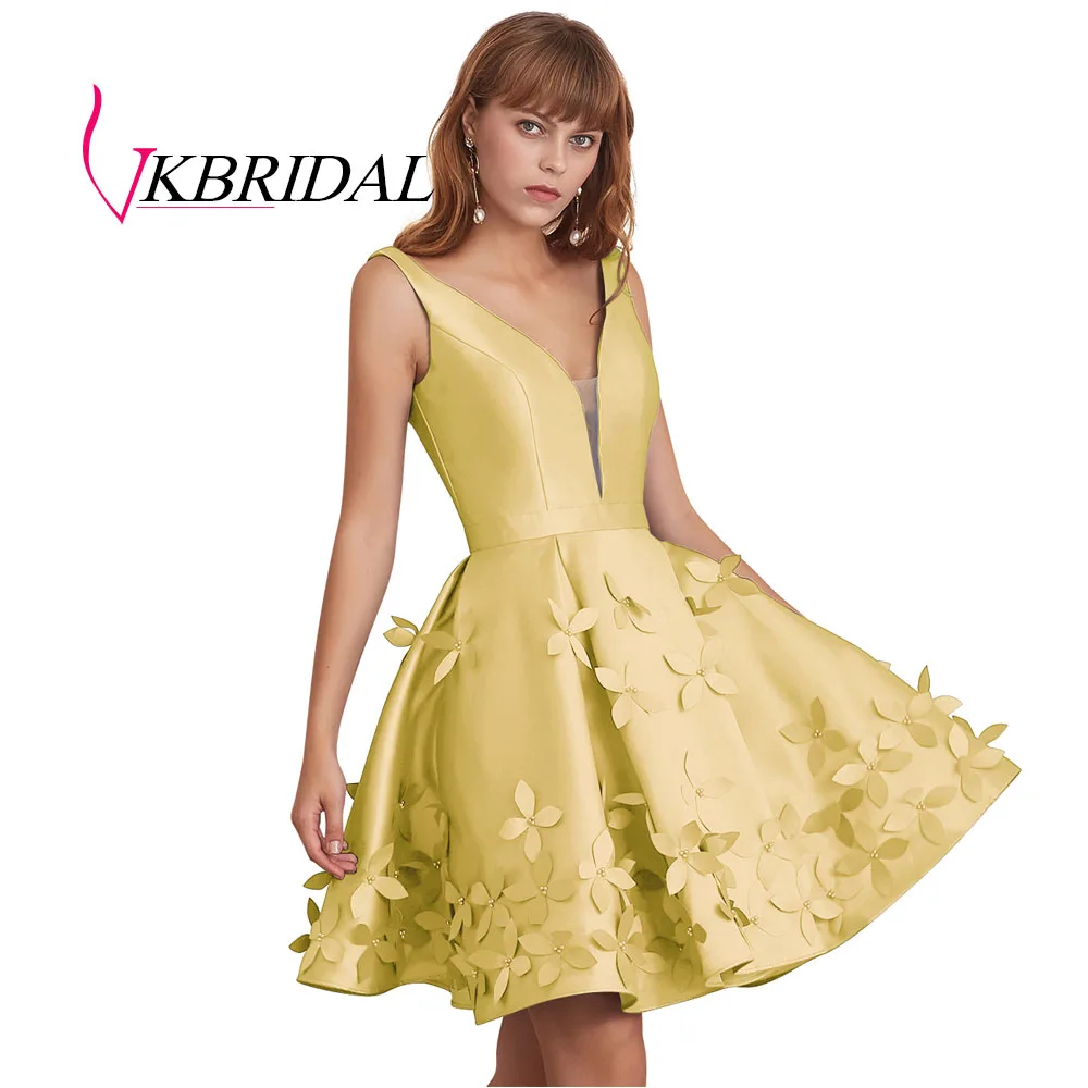 VKBRIDAL с низким вырезом на спине тёмно-синие короткие платья для выпускного вечера сексуальное подключения-водолазки для девочек атласное платье Встреча выпускников/корпоративы Выпускной платье - Цвет: Цвет: желтый