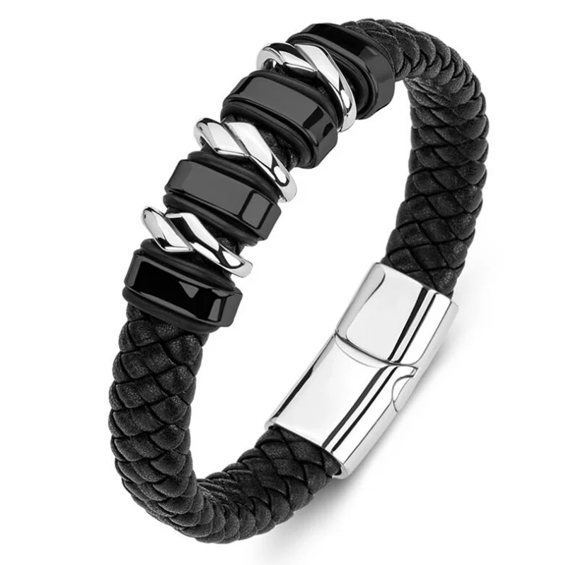 

Classic Leather Braided Magnetic Metal Buckle Bracelet Punk High Quality Men\'s Casual Business Bracelet Jewelry Gift