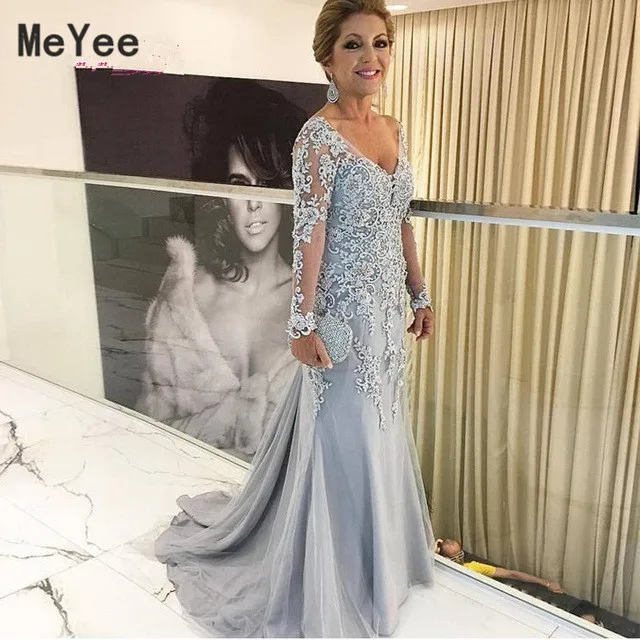 Zilveren Moeder Van De Bruid Jurken V-hals Lange Mouwen Kant Applicaties Mermaid Avondjurk Prom Dress Wedding Party Gast Jurken Zilveren Moeder Van De Bruid Jurken V-hals Lange Mouwen Kant Applicaties Mermaid Avondjurk Prom Dress Wedding Party Gast Jurken