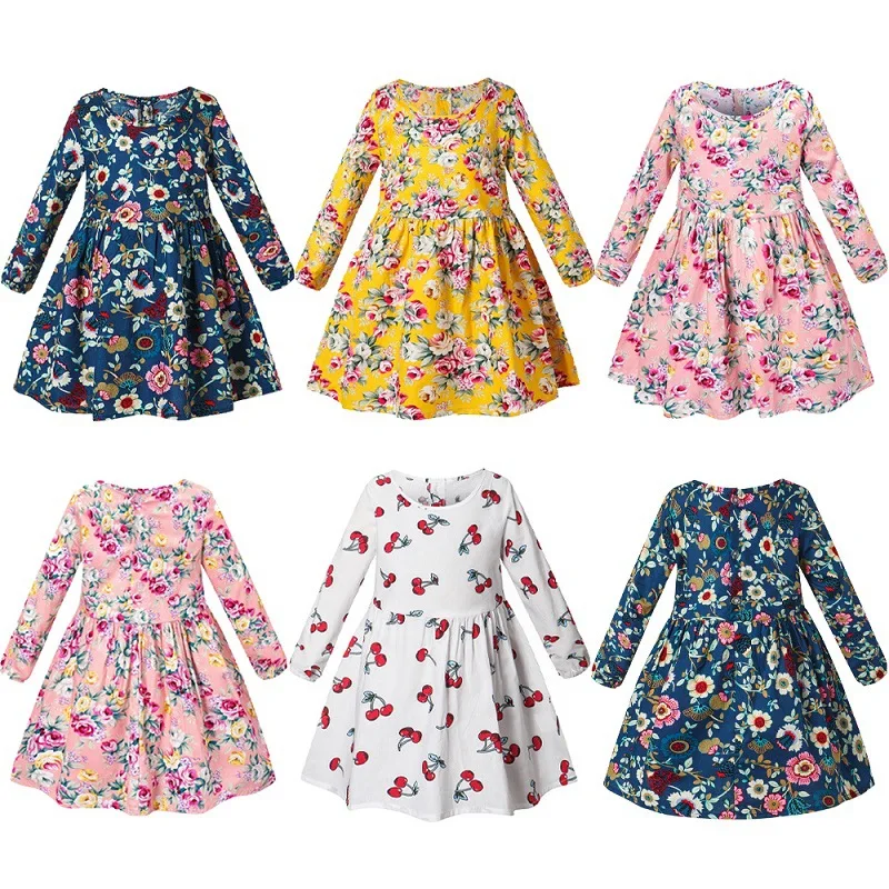 Spring Autumn Children Dresses for Girls Long Sleeve Cotton Kids Clothes Flower Print Baby Dress Children Clothing Girl Dress