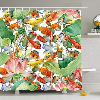 

Shower Curtain Set with Hooks 72x72 Algae Aquatic Carp Red Koi Plant Flower Pink Pattern Yoga Artistic Health Garden Water