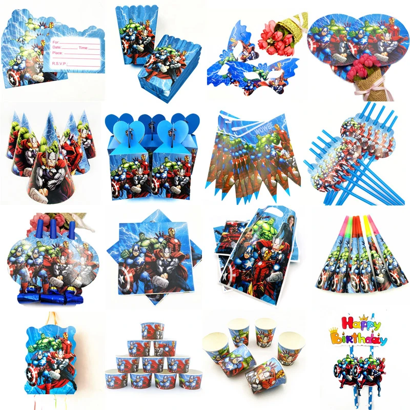 Suministros para fiesta de cumpleaños de Los Vengadores para niños, vajilla desechable, decoración de Festival, recuerdo de evento, regalos para niños