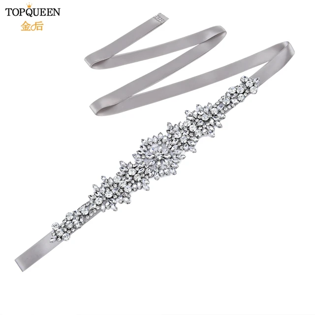 TOPQUEEN S319 Rhinestones Wedding Belts Wedding Sashes Crystal Bridal Belts Decorative Belt with Stones Jeweled Satin Ribbons Gray ribbon