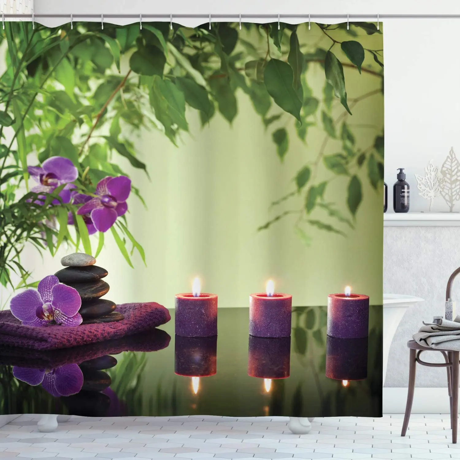 

Zen Scenery Shower Curtain Black Stone Candles Orchids Green Leaves Waterproof Cloth Fabric Bathroom Decor Set with Hooks Purple