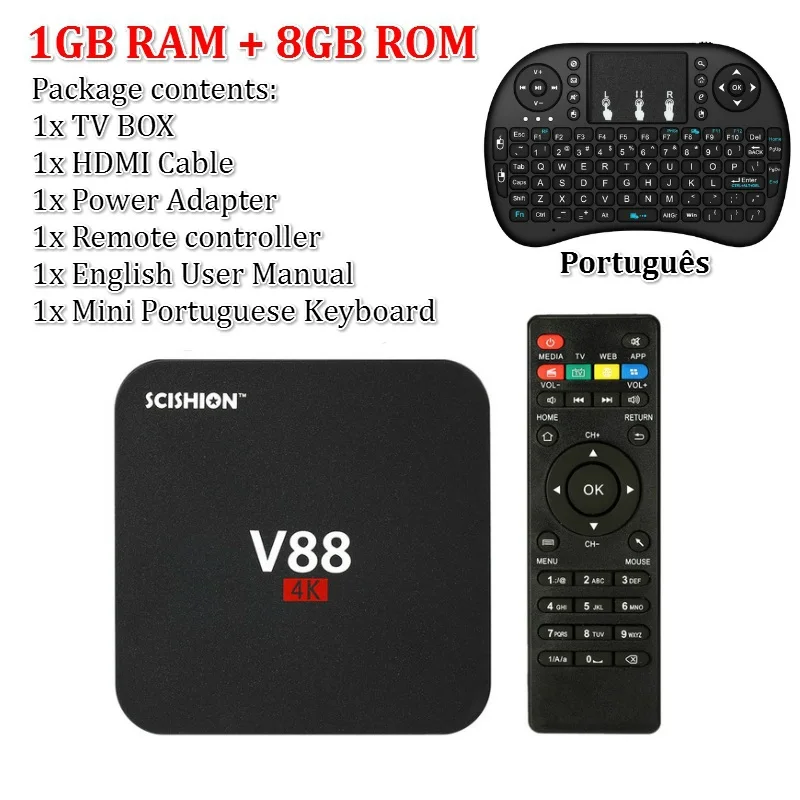 1G Black PT Keyboard SCISHION V88 Android tv Box IP tv Android 9,0 OS 1 ГБ 8 ГБ RK3229 4K 3D 2,4 ГГц wifi четырехъядерный Смарт ТВ приставка медиаплеер - Цвет: 1G Black PT Keyboard