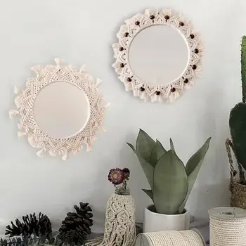 

Wall Hanging Mirror Boho Mirror with Fringe Round Mirror Art Ornament Makeup Mirrors for Apartment Living Room Bedroom