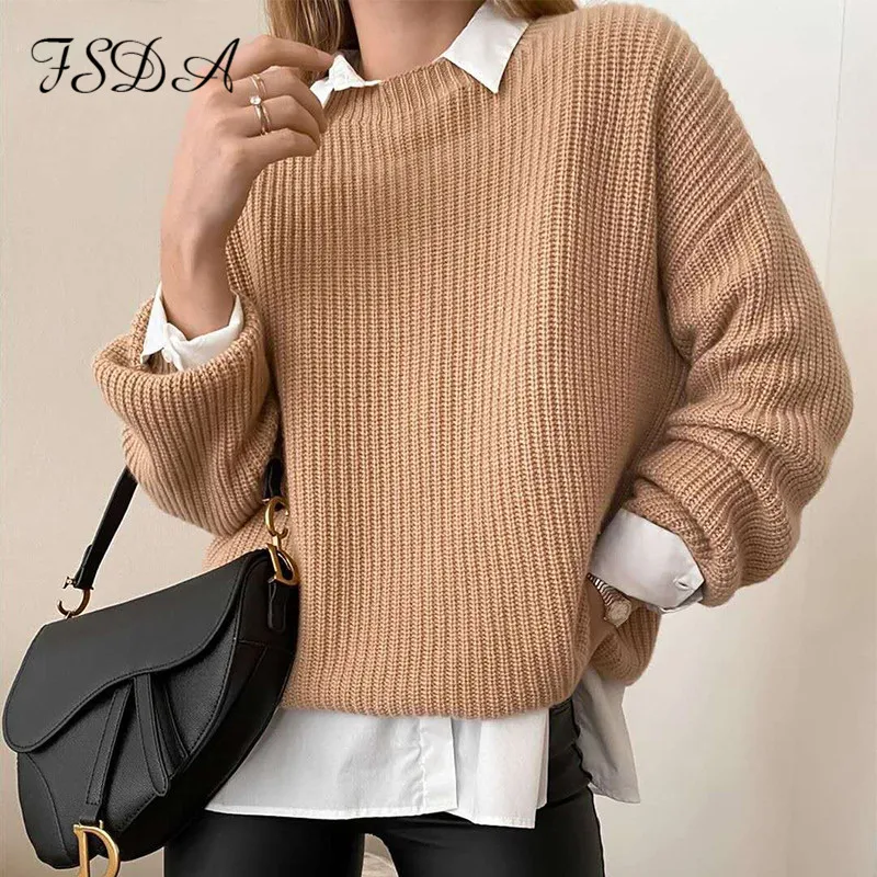 Женский свободный свитер FSDA Повседневный пуловер цвета хаки с круглым вырезом и