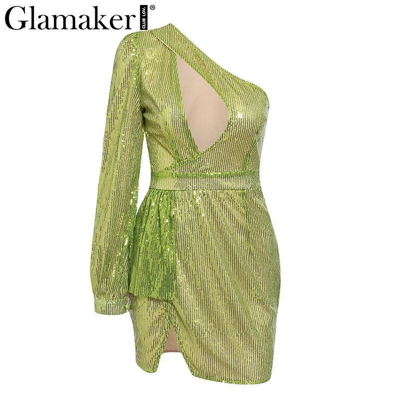 Зеленый Glamaker, зеленое элегантное короткое мини платье с блестками, Женское зимнее платье с рукавами-фонариками, женское облегающее сексуальное Клубное платье, вечерние платья - Цвет: Зеленый