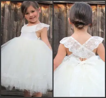 

white gown for girls Lace Appliuqes Jewel Neck Bow Back Tea length Ball Gown Formal Birthday Party pageant dresses for girls