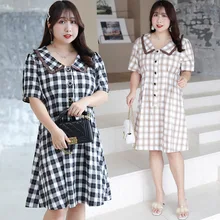 Xuan chen/клетчатое платье в стиле ретро с воротником в стиле Питера Пэна для больших девочек; летний стиль; приталенная юбка для похудения; A213