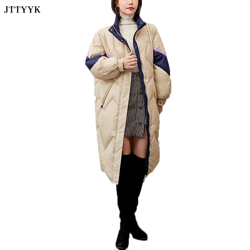 

Winter Long Parker Feather Jacket Women's New Splicing Stand Collar Contrast Thick Coat Womens Warm Casual White Duck Down Coats