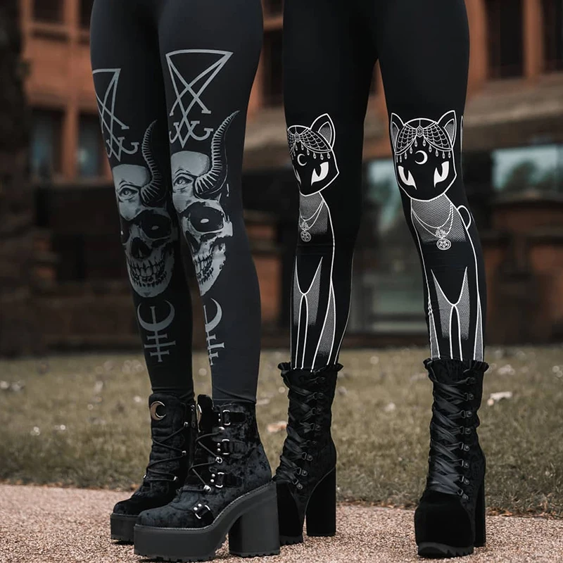 InsGoth Cat Print Black Leggings Bodycon High Waist Women Pants Gothic Streetwear Pencil Long Trousers Female Legging Winter