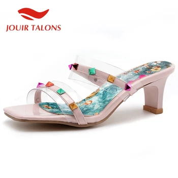 

2020 New Arrivals Fashion Plus Size 43 Printed Rivets Comfy Heels PVC Sandals Women Shoes Slipper Mules Pumps