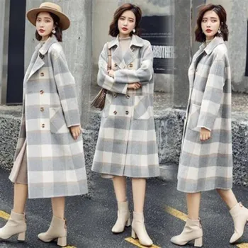 

YASUGUOJI Fashion Plaid Long Coat Women Coat Wool Blends Womens Wool Coats Winter Warm Thicken Womens Double Breasted Coat