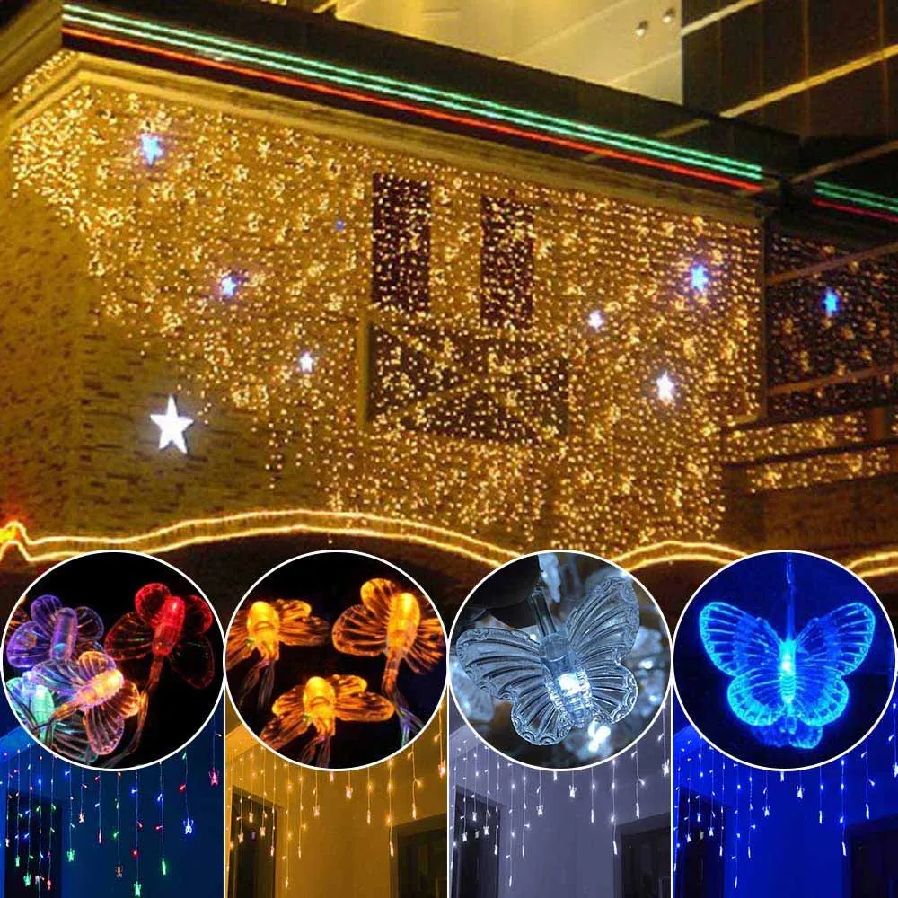 

4M 96Leds LED Butterfly Icicle Curtain String Light 8 Mode Fairy Light Christmas Wedding Holiday Garden Decoration Lighting 220V
