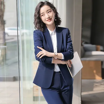 

Occupation Pack Lady Three-piece Set Suit Early Blue Suit Long Sleeve Hotel Front Desk Work Clothes