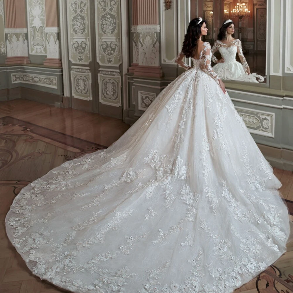 Великолепное бальное платье Свадебные платья Vestido De Casamento с длинным рукавом Часовня Поезд аппликации кружева цветы принцесса свадебное