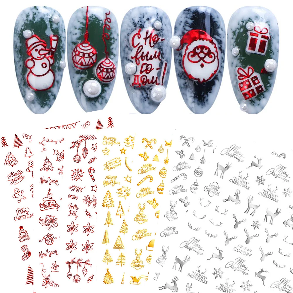 Маникюр ногтей Стикеры s 3D нейл-арта рождественские слайдер обручи со снежинками и изображением оленя и Санта-Клауса клейкая наклейка с пламенем