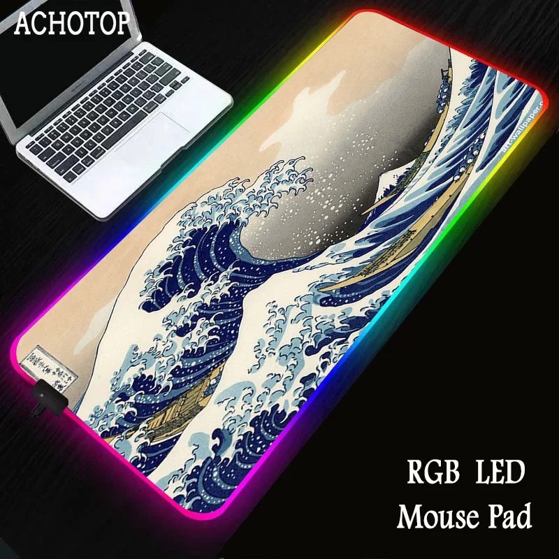 

Japanese Great Wave Art Fashion Large RGB Mouse Pad Lock Edge Computer Keyboard Colorful Luminous Table Mat Rubber Non-slip