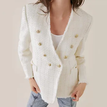 

2020 Double Breasted V-neck Blazers Women Long-sleeved Slim Jacket Autumn Winter Female Vintage White Tassel Plus Size Suit