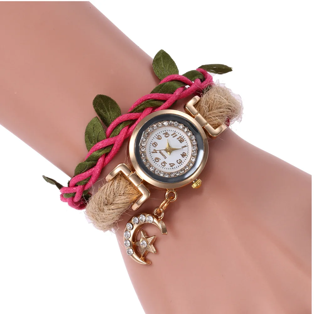 

2018 New Style Creative Mori Girl Line Plant Weaving Bracelet Watch Cool Moon Pendant Students Quartz Watch