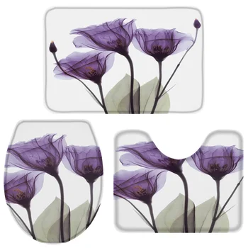 

3 Pieces Bathroom Set Purple Floral Modern Abstract Bath Set Toilet Cover Mat Pedestal Rug Non-Slip Bathroom Rug Set