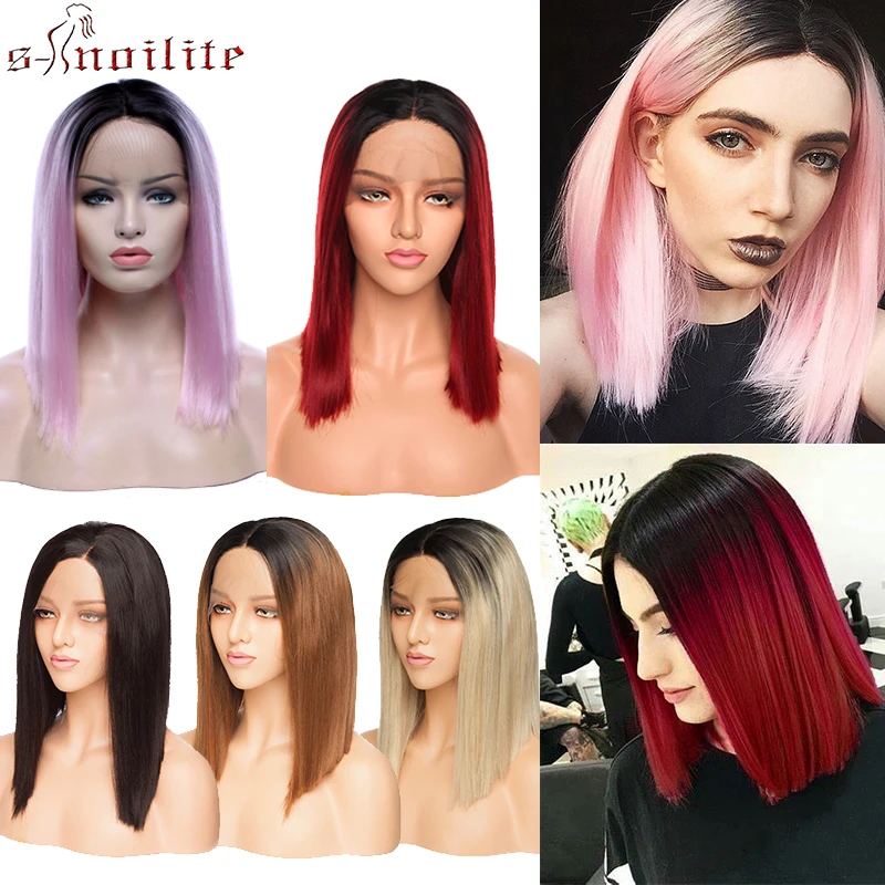 

S-noilite Ombre BOB Lace Front Wigs Straight Bob Wigs Red Pink Blonde Brown Hair Wigs Synthetic Wigs For Black Women Lace Wig
