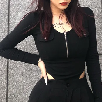 

2020 summer new women's pit strip V-neck zipper long sleeve fake pocket slim bodysuit