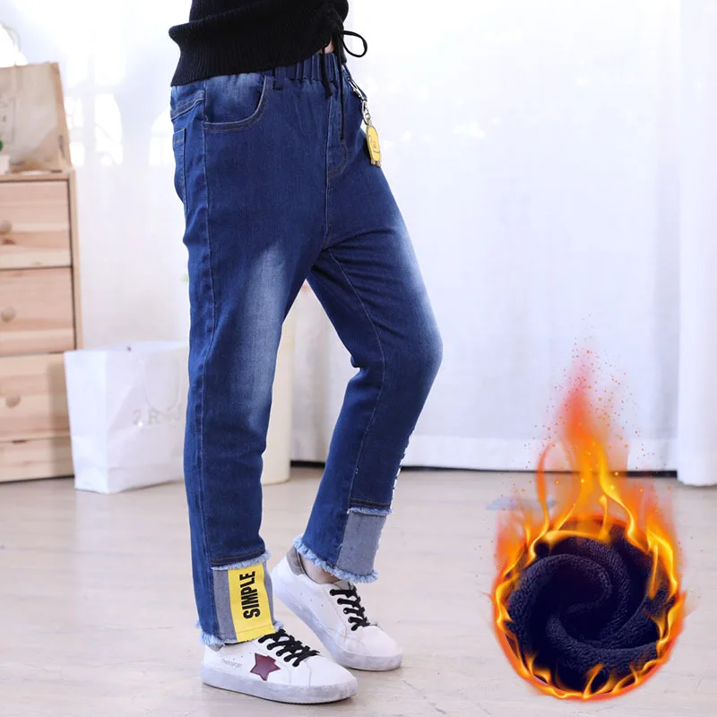 

Girls Jeans Winter Clothing Plus Velvet Warm Bottoms Trousers Warm Fleece Teen Boy Denim Patch Pants Kids outfit Blue