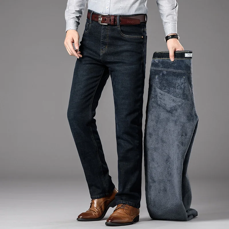 Hot Product High quality brand new winter men's jeans plus velvet warm pants casual business fashion retro high elastic denim cotton black