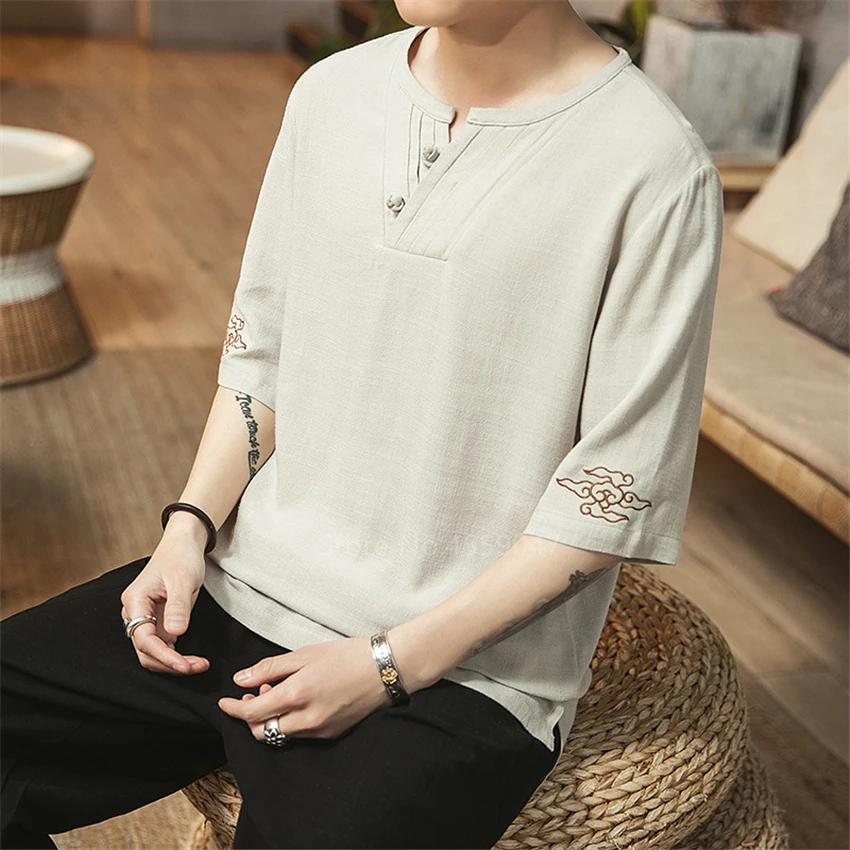 Men Traditional Chinese Style T-shirt 2020 New Linen Embroidery Buckle Hanfu Top Vintage Casual Tang Suit Kung Fu Uniform | Тематическая