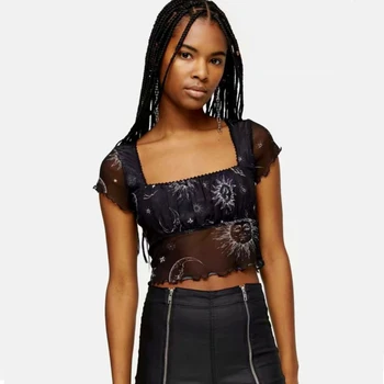 

Women Square Neck Crop Mesh Top with Sun and Stars Print