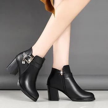 

W- Explosion models hot solid color spring and autumn thick heel shoes fashion wild round head wear trend mature boots women