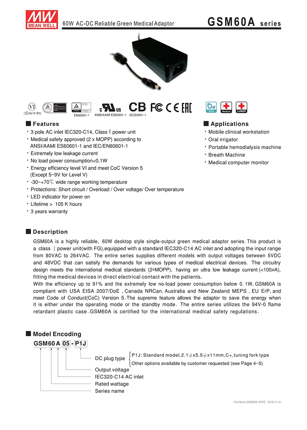 Meanwell GSM60A07-P1J 45 Вт 6A 7,5 V медицинский адаптер уровня V 110 V/220 В переменного тока до 7,5 V DC бренд MEAN WELL представляет адаптер питания переменного тока 3-полюсный