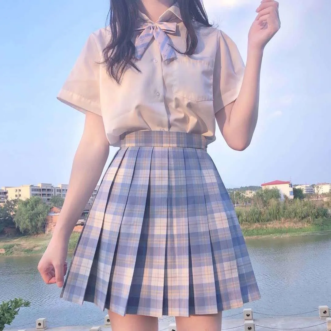 [Ice Cream] Japanese Girl Summer Blue Plaid High Waist Pleated Skirts Plaid Skirts Women Dress For JK School Uniform Students