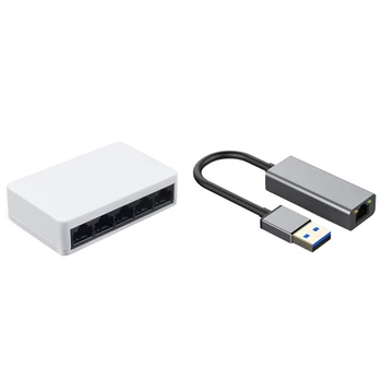 

5 Ports Mini Ethernet RJ45 10/100Mbps Network Switch Hub Travel Lan Hub with USB 3.0 to RJ45 Network Card Lan Adapter