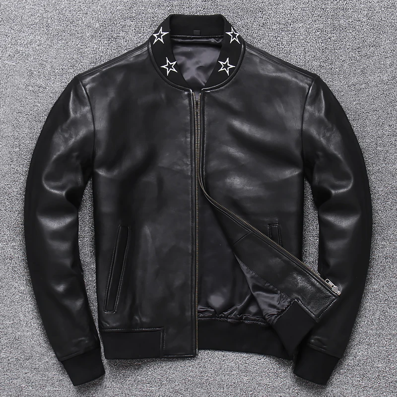 

Qing DAJANE Fur Male Lear Collar Cultivate Thin Lear Bomber Jackets In Middle Age Male Sheep Lear Coat