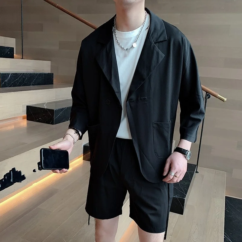 

Костюм мужской тонкий с отложным воротником, повседневный однотонный костюм с карманами, Модные свободные шорты с эластичным поясом в Корейском стиле, лето 2022