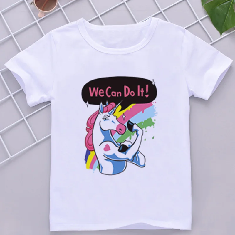 Kawaii/детская футболка топы для мальчиков с принтом единорога; модные повседневные футболки с короткими рукавами в стиле Харадзюку для девочек летняя одежда