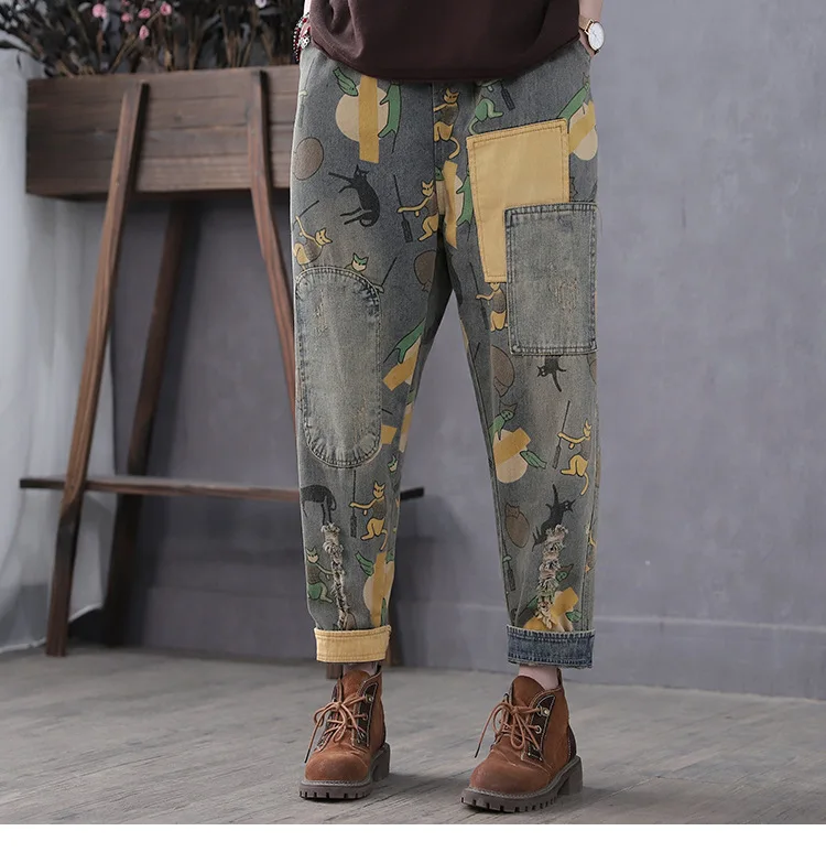 Autumn Jeans Women Elastic Waist Loose Retro Print Denim Pants New Ladies Casual Pocket Spliced All-match Trousers