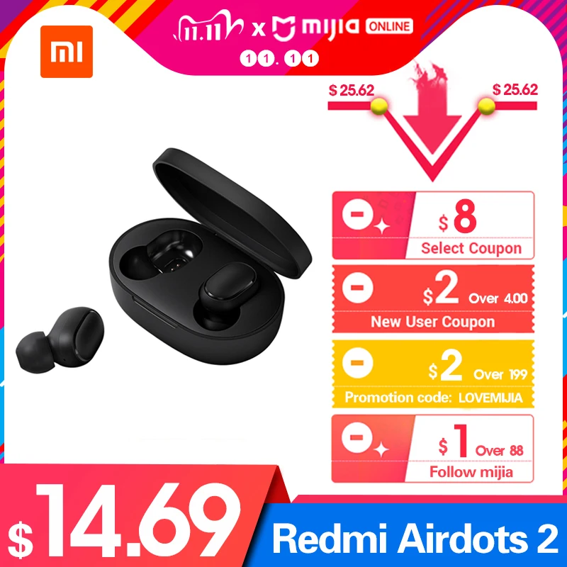 TWS стереонаушники Xiaomi Redmi Airdots 2 с шумоподавлением Bluetooth 5 0 микрофоном и ИИ